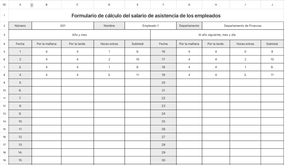 Formulario de cálculo del salario de asistencia de los empleados